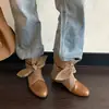 Primeiro Encontro Temporada Tiras Patchwork Lona Botas de Cowboy Ocidentais Aumento Oculto de Altura Marrom Maillard Botas de Cano Curto Femininas 2026 Novo Estilo