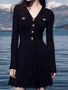 Vestido de Punto Negro de Manga Larga con Cuello en V Estilo Hepburn Francés para Mujer, Elegante y Femenino, Aspecto Adelgazante en la Cintura, Falda de Corte A de Alta Gama