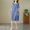 Vestido Curto de Algodão e Linho Fino Fresco 2026 Verão Feminino Simples Cor Sólida Solto Tamanho Grande Esconde Barriga Gola Redonda Saia Média