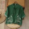Camisa Bordada Artística Retro para Mujer, Verano Holgada de Manga Media con Cuello de Encaje Delgado Vestido de Té Chino Top