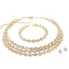 Juego de Joyería para Boda de Novia: Collar de 3 Filas de Pedrería + Pendientes + Pulsera Abierta Elástica - Joyería de Moda Transfronteriza