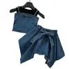 Conjunto jeans para meninas 2025 verão colete sem mangas camiseta saia jeans frente única irregular conjunto de três peças