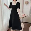 Vestido estilo Hepburn para chica gordita, de verano, con mangas abullonadas, tallas grandes, cuello cuadrado, cintura adelgazante, elegante, hasta la rodilla.