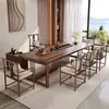 Nova Mesa de Chá de Madeira Maciça Estilo Chinês Mesa de Chá Grande de Nogueira Combinação de Mesa de Chá e Cadeiras Zen Medieval de Cinza para Escritório