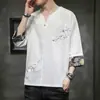 Camiseta Masculina de Verão Linho Estilo Chinês Bordada Manga Curta Cropped Tamanho Grande Solta Gola V Algodão Linho Manga Curta Masculino