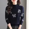 Suéter de Punto con Cuello Medio Alto Otoño Invierno 2026 para Mujer Bloque de Color Jacquard Versátil Capa Base Elegante Holgado Adelgazante