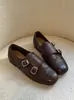 Mocassins Planos Super Macios de Couro Bovino Confortáveis Femininos Sapatinhos Individuais de Couro Esculpido Retrô com Fivela Quadrada de Bico Couro Genuíno Versáteis Pequenos Sapatos de Couro