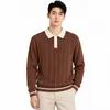 Suéter Polo de Punto para Hombre Estilo Old Money Bloque de Color en el Cuello Textura de Canalé Ropa Exterior Transfronteriza Holgada para Hombre Top de Manga Larga