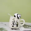 Taza de Panda Estampado de Dibujos Animados, Bonita, Creativa y Linda Taza de Cerámica con Tapa y Popote, Taza para Leche de Desayuno