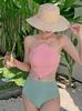 Traje de Baño para Fuentes Termales para Mujer, Gama Alta, Pura Pasión, Colores Contrastantes, Cintura Alta, Cubre la Piel, Aspecto Adelgazante, Pecho Pequeño, Cuello Halter, Bikini con Banda para el Vientre
