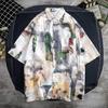 Camisa de manga curta estampada estilo Hong Kong masculina retrô estilo Hong Kong solta casual verão fina design de nicho