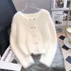Cárdigan de punto de imitación de visón estilo coreano para mujer, abrigo corto de punto de doble botonadura versátil para principios de otoño, para personas petite y ligeramente rellenitas