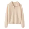 Novo cardigã de cashmere com mangas raglan compridas para outono e inverno para mulheres, jaqueta de tricô com gola alta, espessa, com zíper, suéter de tricô quente