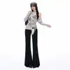 Jeans Flares de Cintura Alta Elástico com Botão Duplo Estilo Coreano Laranja Juvenil para Mulheres, Slim Fit, Calças Boca de Sino Estilosas e Versáteis