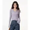 Camisa base de punto para mujer estilo coreano, cuello polo, manga larga, corte ajustado, hermoso top morado taro para principios de otoño