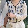 Primavera y Otoño Nuevo Cuello Calado Crochet Bordado Camisa Tejida Camisa de Manga Larga Ajustada Corta Chica