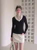 Suéter de blocos de cor para mulheres, novo estilo outono/inverno, pode ser usado como camada interna ou externa, corte justo e faz você parecer mais magra