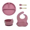 Atacado transfronteiriço infantil silicone louça babador tigela suplementar garfo colher bebê conjunto de cinco peças anti-queda produtos para mãe e bebê conjunto