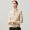 Otoño e Invierno Nueva Camiseta Base de Punto de Cachemira Moda Suave Cómoda Color Sólido Holgada para Mujer Cuello Polo Manga Larga
