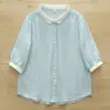 Moda Verão 2026 Estilo Artístico Fresco Cor Color Block Lapela Grande Dupla Camada Gaze de Algodão Camisa Branca para Mulheres com Meia-Manga