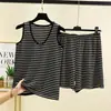 Conjunto de top de tirantes a rayas y shorts para mujer, ligero, versátil para el verano, ropa para casa, camiseta básica sin mangas, pijama deportivo casual