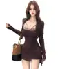 Vestido Sexy de Estampado de Leopardo Falso de Dos Piezas para Mujer, Vestido Base de Manga Larga para Primavera y Otoño con Cintura Irregular y Falda Corta Ajustada al Cuerpo