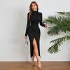 Verão 2025 Novo Elegante Cor Sólida Fenda Alta Plissado Valoriza a Figura Bodycon Manga Longa Vestido