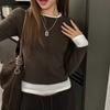 Camiseta Interna Cinza Estilo Coreano Falsa Duas Peças de Manga Longa para Mulheres, Camisa Base Emagrecedora para Outono e Inverno com Toque de Luxo, Top de Ombro Normal para Usar por Cima