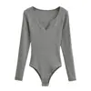 Bodystocking de Manga Larga Acanalado con Cuello en V Profundo Nuevo Otoño 2026 Sexy Adelgazante Sexy Camiseta Base Camiseta Interior