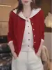 Elegante y moderno cárdigan de punto con capucha para mujer, perfecto para otoño, con un elegante diseño de patchwork que crea un efecto adelgazante, es versátil y te hace lucir más joven