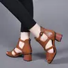 Novas Sandálias Romanas de Verão 2026 para Mulheres, Salto Bloco Peep-Toe de Salto Alto, Botas Curtas Vazadas Estilo Verão, Sapatos de Couro Macio com Salto Médio