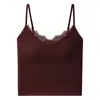 Sutiã estilo camisola longo com renda nas bordas, alças finas, sem aro, suporte lateral para os seios, efeito de elevação e push-up