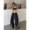 Pantalones Anchos de Rayas Estilo Americano para Mujer, Delgados de Primavera y Verano, Cintura Alta con Cordón, Versátiles, Sueltos, Adelgazantes, Casuales, Deportivos, Largos
