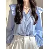 As Camisas Bonitas Populares Deste Ano São Leves e Luxuosas, Nicho Francês, Camisas Azuis Bonitas de Manga Longa para Mulheres, Estilo de Início de Outono, Elegantes