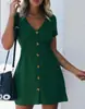 Vestido Feminino Cor Sólida Gola V Slim Fit Botão Único Cintura Alta Novo Primavera Verão 2020 Feminino Ponto 20 Algodão
