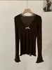Suéter de Tricô Omalai Macio e Elegante com Renda na Gola V para Mulheres, Novo Estilo de Primavera, Blusa de Manga Longa Cor Sólida, Foto Real 6527