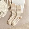 Calcetines de Lana Rayados Color Block Estilo Japonés para Mujer, Calcetines de Media Pantorrilla para Otoño e Invierno, Forrados de Felpa, Engrosados, Cálidos, Cómodos, Calcetines Holgados Estilo Universitario