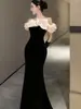 Vestido Francés Sexy Negro de Terciopelo con un Hombro para Mujer Fiesta de Cumpleaños Vestido de Noche Delgado Ceñido a la Cadera Cola de Pez Falda Larga