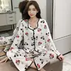 Pijama Primavera e Outono 2022 Feminino com Punho Calças Compridas Cardigã Laço Estilo Coreano Desenho Animado Conjunto de Roupas Sweet Home
