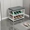 Zapatero simple de almacenamiento multicapa para la entrada del hogar, estante para cambiarse los zapatos, taburete multifuncional para calzarse los zapatos con cojín suave de arte en hierro
