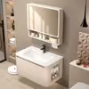 Juego de gabinete de baño color crema montado en la pared, con lavabo integrado de cerámica, adecuado para baños pequeños