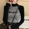 Gola Alta Meia Manga Estilo Coreano Novo Veludo Alemão Camiseta Básica Outono e Inverno Cinza Ombro Direito Slim Fit Manga Raglan Feminina Manga Longa