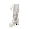 40-43 Otoño e Invierno Punta Cuadrada Mesa de Agua Gruesa Malla Alta Charol Botas para Mujer Cremallera Lateral Cadena de Perlas Botas de Moda G597