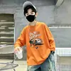Camiseta casual de algodão puro com manga longa estilo coreano para meninos, com estampa de desenho animado, top infantil confortável para primavera e outono