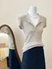 Blusa de Tricô Gola Polo Manga Curta Estilo Old Money Francês para Mulheres, Verão Casual Slim Fit Emagrecedor Gola Reversível Camisa