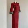 Nuevo Qipao de Estilo Chino con Botones de Perlas y Vestido Estampado con Abertura para Mujer, Vestido Delgado de Invierno para Compromiso, Vestido para Brindar, con Forro Polar Añadido