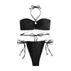 Traje de baño de dos piezas para mujer para comercio exterior transfronterizo, color liso con cuello halter y tirantes cruzados, cadena de conchas, diseño hueco y bikini de atar