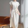 2025 Novo Estilo de Verão Vestido de Cetim Sedoso de Gola Redonda e Manga Curta para Mulheres Solto Cintura Alta Cadarço Fenda Saia Longa