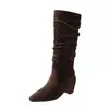 Botas Altas de Punta Larga para Mujer 2026 Otoño/Invierno Nuevas Versátiles Tacón Grueso Botas Altas Fruncidas Hasta la Rodilla Botas de Monta para Mujer