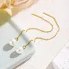Pendientes Largos de Moda con un Toque de Lujo, Oro Real de 14K, Estilo Largo, Diseño Minimalista Europeo y Americano, Hilo para Oreja con Borla y Perla para Mujer, Geométricos